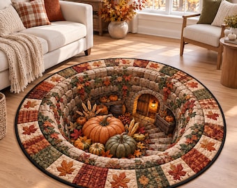 Pumpkin Fall Round Rug, 3D Illusion Quilted Harvest Cellar Floor Mat, Autumn Pumpkin Hole Rug, Thanksgiving Farmhouse Decor