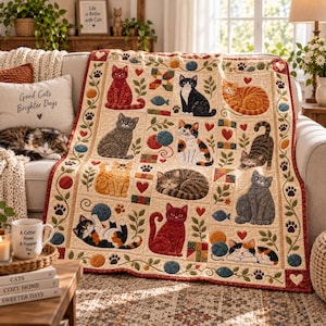 May include: A cream-colored quilt featuring a grid of various cat illustrations, including sitting, sleeping, and playing cats. The design incorporates yarn balls, paw prints, hearts, and floral motifs in red, blue, and green tones with a decorative border.