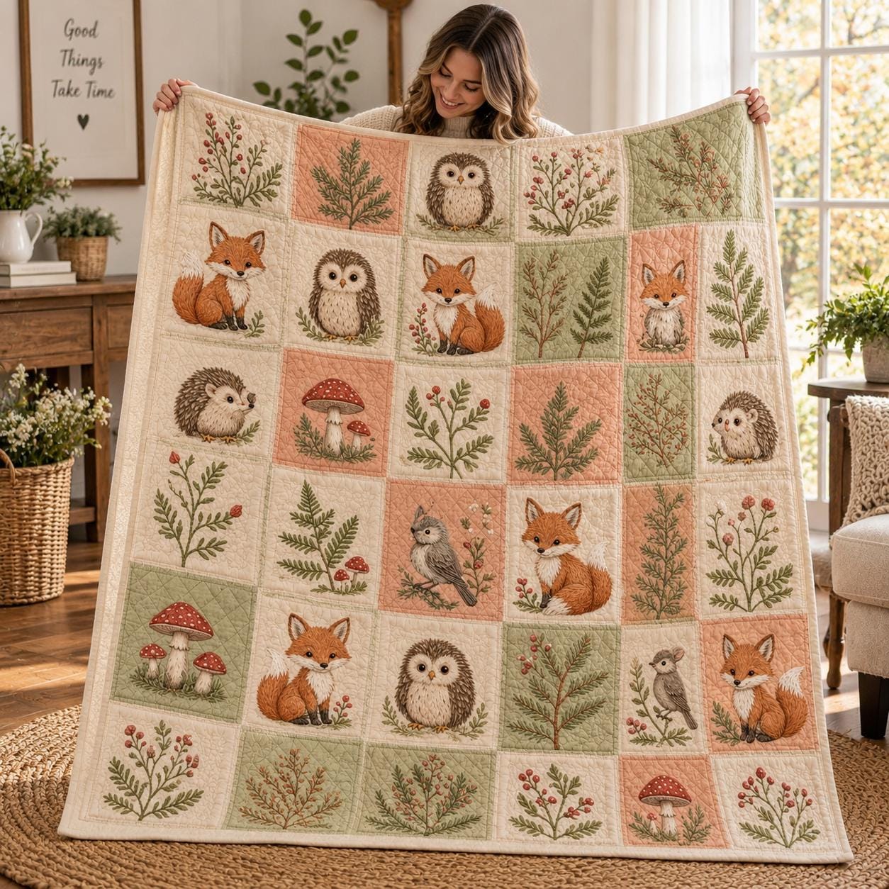 Woodland Animal Blanket, Quilt Style Fox Owl Hedgehog Throw, Cottagecore Forest Bedding, Cozy Nature