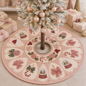 K&ouml;nnte beinhalten: Ein runder Weihnachtsbaumteppich mit gestepptem Creme- und Ros&eacute;-Design, verziert mit Stickereien von Schneekugeln, Zuckerstangen, Schleifen und Weihnachtsmannm&uuml;tzen. Der Rand ist mit kleinen wei&szlig;en Perlen besetzt und umgibt den Baumstamm.