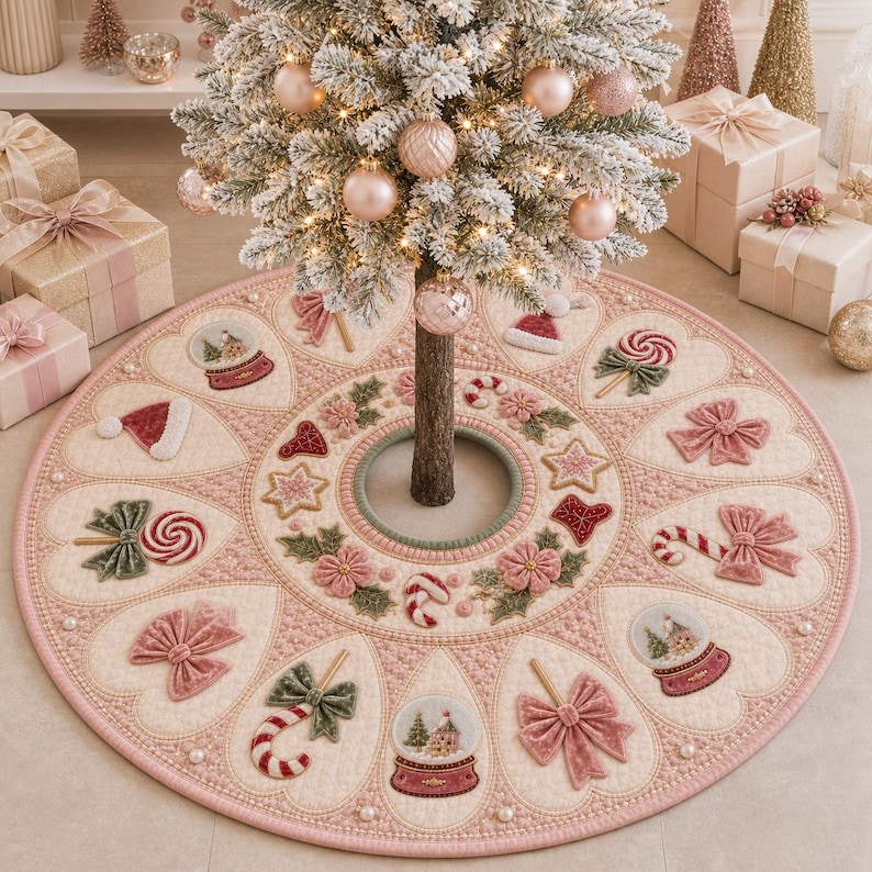 K&ouml;nnte beinhalten: Ein runder Weihnachtsbaumteppich mit gestepptem Creme- und Ros&eacute;-Design, verziert mit Stickereien von Schneekugeln, Zuckerstangen, Schleifen und Weihnachtsmannm&uuml;tzen. Der Rand ist mit kleinen wei&szlig;en Perlen besetzt und umgibt den Baumstamm.