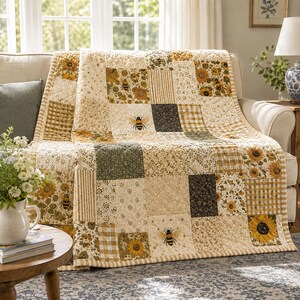 May include: A patchwork quilt featuring a repeating pattern of sunflowers, honeybees, and gingham checks in shades of yellow, cream, olive green, and dark brown. The quilt has a quilted texture and is draped over a sofa, showcasing various fabric squares.