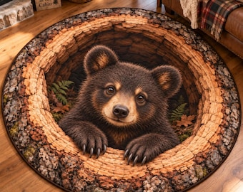 Bear Round Rug, 3D Illusion Quilted Baby Bear Cave Floor Mat, Woodland Animal Round Carpet, Rustic Cabin Home Decor, Bear Lover Gift