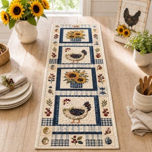 May include: A rectangular quilted table runner featuring alternating square panels of sunflowers in blue checkered pots and chickens with floral patterns. The design includes navy blue borders, cream backgrounds, and small berry and leaf motifs.