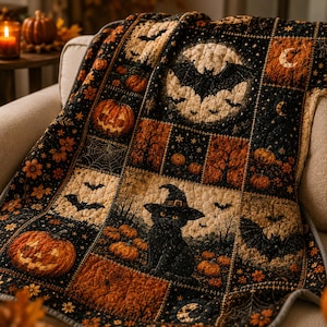 May include: A quilted throw blanket featuring a patchwork design with Halloween motifs including black cats wearing witch hats, jack-o'-lanterns, flying bats, spider webs, bare trees, and crescent moons in a color palette of black and orange.