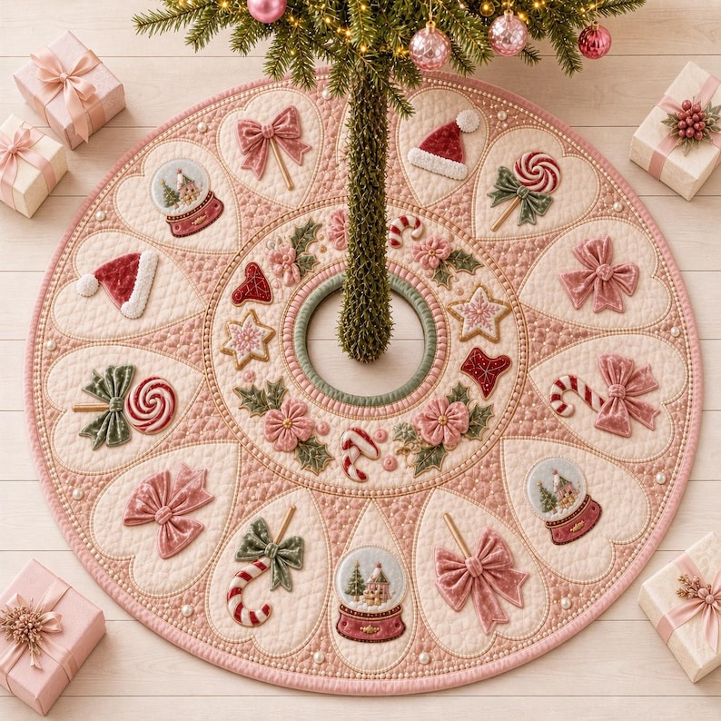 K&ouml;nnte beinhalten: Ein runder, gesteppter Weihnachtsbaumteppich in Creme- und Altrosat&ouml;nen mit herzf&ouml;rmigen Paneelen, die mit gestickten Motiven von Schleifen, Zuckerstangen, Schneekugeln und Weihnachtsmannm&uuml;tzen verziert und mit kleinen wei&szlig;en Perlen akzentuiert sind.