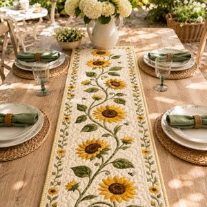 May include: A rectangular quilted table runner featuring a central vine pattern with yellow sunflowers and green leaves on a cream background. The runner is bordered by a thin yellow trim and includes small embroidered bees scattered throughout.