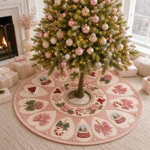 K&ouml;nnte beinhalten: Ein runder Weihnachtsbaumteppich aus cremefarbenem Stoff mit gestickten rosa und gr&uuml;nen Weihnachtsmotiven wie Schleifen, Zuckerstangen und Schneekugeln. Der Teppich hat einen gewellten Rand und liegt unter einem mit rosa Kugeln geschm&uuml;ckten Baum.