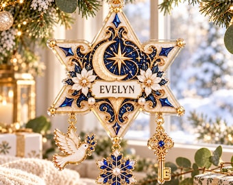Personalized Celestial Star Acrylic Christmas Ornament, Custom Name Moon and Stars Decoration with Dove and Snowflake Hanging Charms