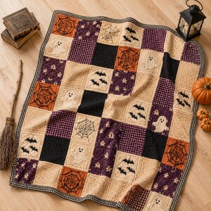 May include: A patchwork quilt featuring a Halloween theme with alternating squares of cream, orange, purple, and black fabric. The quilt displays embroidered patterns of ghosts, spiderwebs, and bats, finished with a black and white checkered border.