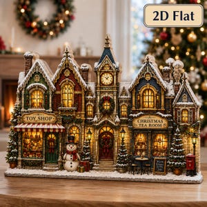 May include: A 2D flat decorative Christmas village display featuring a toy shop and a Christmas tea room. The structure includes a central clock tower, a snowman, miniature trees, and warm interior lighting. Text reads Toy Shop and Christmas Tea Room.
