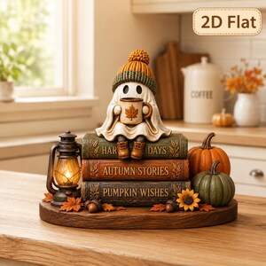 May include: A decorative figurine of a ghost wearing a knit hat and holding a mug with a maple leaf design, sitting on a stack of three books titled Harvest Days, Autumn Stories, and Pumpkin Wishes, next to a lantern and two pumpkins.