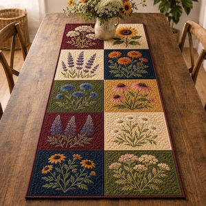 May include: A rectangular quilted table runner featuring ten distinct square panels, each displaying embroidered botanical illustrations of various wildflowers including sunflowers, daisies, lavender, and cornflowers against solid colored backgrounds.