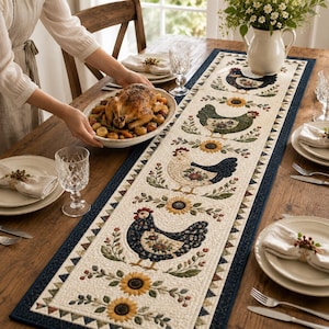 May include: A rectangular quilted table runner featuring a repeating pattern of four chickens in various colors, interspersed with sunflowers and foliage. The runner has a dark blue border with a triangular geometric trim and a cream-colored center.
