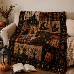 Vintage Halloween Quilted Style Blanket, Ghost Pumpkin Black Cat Patchwork Throw, Cozy Autumn Bedding, Spooky Season Farmhouse Decor