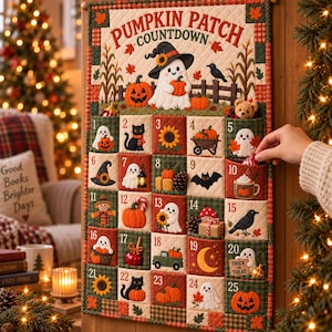 May include: A quilted fabric wall hanging titled PUMPKIN PATCH COUNTDOWN with 25 numbered pockets. The design features a ghost in a witch hat, pumpkins, black cats, sunflowers, and autumn leaves in shades of orange, green, and cream.