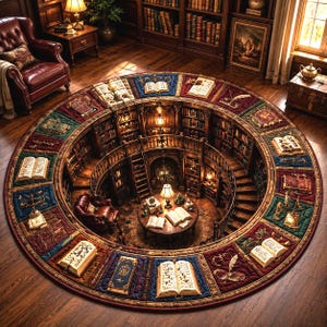 May include: A large circular area rug featuring a 3D-style illustration of a multi-level library with a central table, a leather armchair, and spiral staircases. The border is composed of rectangular panels displaying open books and writing tools.