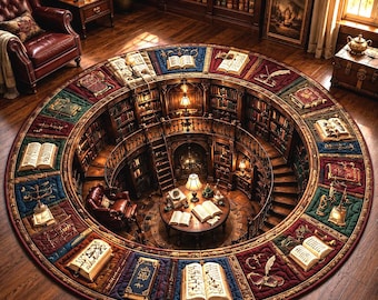 Book Lover Round Rug, 3D Illusion Library Floor Mat, Cozy Reading Nook Bookshelf Rug, Quilted Bookish Home Decor