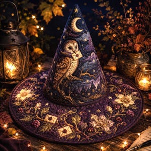 Halloween Quilted Witch Hat, Owl Moon Magic Fabric Witch Hat Decor, Handmade Gothic Fall Table Centerpiece