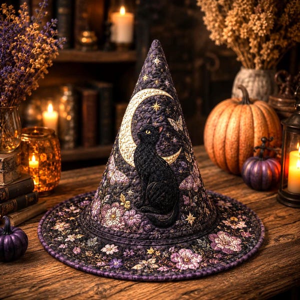 Black Cat Witch Hat Decor, Crescent Moon Halloween Hat, Gothic Floral Witchy Tabletop Decor, Celestial Halloween Gift, Quilted Style