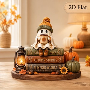 May include: A ghost figurine wearing an orange and green knit hat, holding a mug with a leaf design, sitting on a stack of three books titled Harvest Days, Autumn Stories, and Pumpkin Wishes, next to a lantern, two pumpkins, and a sunflower.