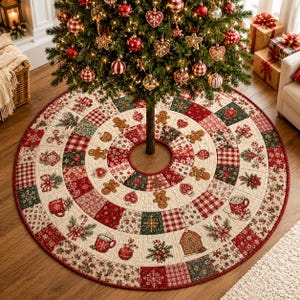 May include: A circular Christmas tree skirt featuring a patchwork design with red, green, and cream colors. The fabric displays patterns of gingerbread men, candy canes, mugs of cocoa, snowflakes, and plaid squares, finished with a red border.