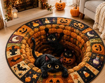 Black Cat Halloween Round Rug, 3D Illusion Quilted Pumpkin Cat Hole Floor Mat, Funny Spooky Black Cats Halloween Home Decor