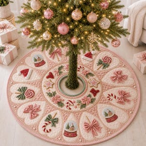 K&ouml;nnte beinhalten: Ein runder, gesteppter Weihnachtsbaumteppich in Rosa- und Cremet&ouml;nen mit gestickten Motiven von Schneekugeln, Zuckerstangen, Schleifen und Weihnachtsmannm&uuml;tzen. Das Design ist in einem herzf&ouml;rmigen Muster mit einer zentralen &Ouml;ffnung angeordnet.