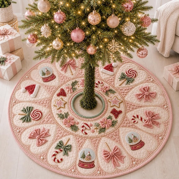 Pink Christmas Tree Skirt, Quilted Tree Skirt, Candy Cane Christmas Decor, Cute Holiday Tree Skirt, Festive Christmas Tree Decor