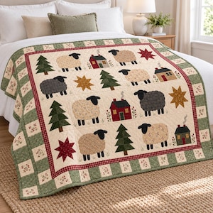 May include: A quilted bedspread featuring a cream-colored center panel with repeating appliqued motifs of sheep, pine trees, small houses, and stars in shades of brown, green, red, and yellow, framed by a green and red checkered border.