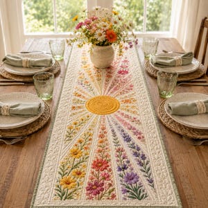 May include: A rectangular quilted table runner featuring a central yellow sunburst design surrounded by radiating floral patterns in shades of yellow, orange, pink, and purple, set on a wooden table with place settings and a flower vase.
