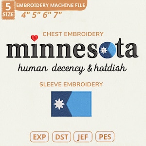 May include: An embroidery machine file design with the word "minnesota" in black, a red heart, and a blue and white graphic. The text "human decency & hotdish" is below. Includes sizes 4", 5", 6", and 7".