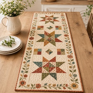 Floral Star Quilted Table Runner, Patchwork Botanical Farmhouse Table Decor, Americana Farmhouse Decor