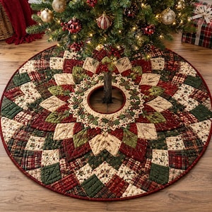 May include: A circular quilted Christmas tree skirt featuring a patchwork design in shades of deep red, forest green, and cream. The fabric displays intricate patterns of holly leaves, berries, and plaid, arranged in a starburst motif around the center.