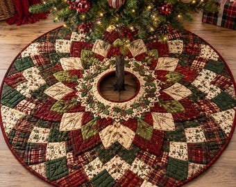 Pode incluir: Uma saia circular acolchoada para árvore de Natal com um design de patchwork em tons de vermelho profundo, verde floresta e creme. O tecido apresenta padrões intrincados de folhas de azevinho, bagas e xadrez, dispostos em estrela.