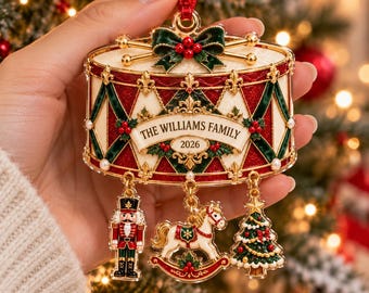 Personalized Christmas Drum Acrylic Ornament, Custom Family Name Holiday Decoration with Nutcracker and Rocking Horse Charms