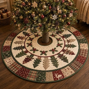 May include: A circular quilted Christmas tree skirt featuring a cream-colored center with a ring of holly leaves and red berries. The main body displays alternating green and tan fabric pine trees, finished with a border of patchwork plaid.
