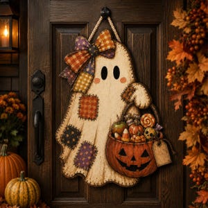 May include: A wooden ghost-shaped door hanger featuring a plaid bow, stitched fabric patches, and a jack-o'-lantern bucket filled with candy, an apple, and a skull. The ghost has two black oval eyes and pink cheeks, suspended by a thick rope.