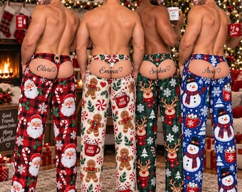 May include: Four pairs of open-back holiday pajamas featuring festive prints. The first pair is red plaid with Santa faces, the second is cream with gingerbread men, the third is green with reindeer, and the fourth is blue with snowmen.