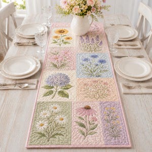 May include: A rectangular quilted table runner featuring a patchwork design of various floral illustrations including sunflowers, lavender, hydrangeas, and daisies in soft pastel colors, centered on a wooden dining table with place settings.