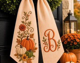 Personalized Embroidery Wreath Sash, Pumpkin Floral Fall Door Decor, Monogram Autumn Wreath Bow, Thanksgiving Housewarming Gift