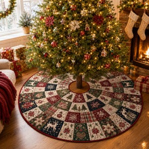 May include: A circular Christmas tree skirt featuring a patchwork design of alternating squares in red, green, and cream. The pattern includes motifs of reindeer, pine trees, snowflakes, and plaid textures, finished with a solid red fabric border.