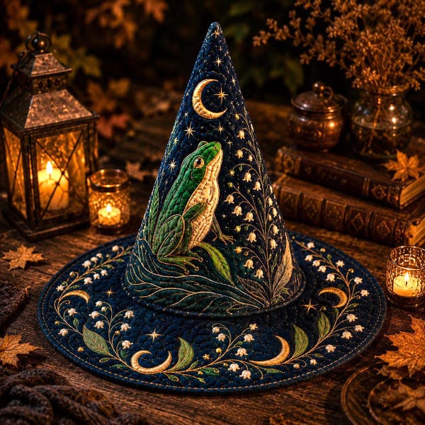 Halloween Quilted Style Witch Hat, Moonlit Frog Cottagecore Witch Decor, Magical Forest Hat, Whimsical Halloween Table Centerpiece