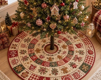 Pode incluir: Uma saia de árvore de Natal redonda e acolchoada com um design de patchwork alternando quadrados de bonecos de gengibre, xadrez vermelho e branco, flocos de neve verdes e canecas sobre um fundo creme com detalhes em vermelho e verde.