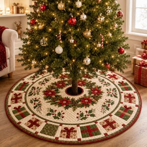 May include: A round quilted Christmas tree skirt featuring a cream-colored base with a central pattern of red poinsettia flowers and green holly leaves. The border displays alternating squares of red and green gift boxes with ribbons.