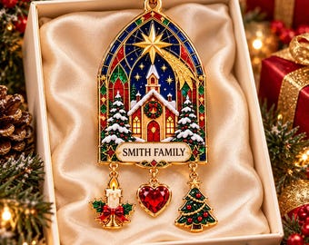 Personalized Christmas Church Acrylic Ornament, Custom Name Stained Glass Chapel Decoration, Religious Christmas Keepsake with Angel Charms