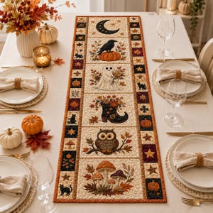 Halloween Quilted Style Table Runner, Fall Autumn Patchwork Decor, Pumpkin Witch Owl Table Runners