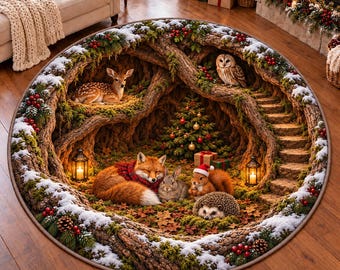 May include: A round area rug featuring a 3D-style illustration of a hollow tree trunk interior. The scene includes a deer, owl, fox, rabbit, squirrel, and hedgehog surrounded by snow, pine branches, red berries, lanterns, and a Christmas tree.