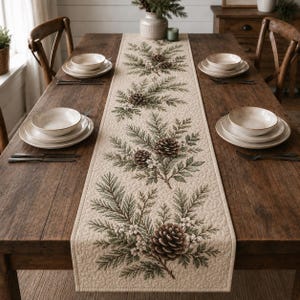 May include: A quilted table runner featuring a repeating pattern of green pine branches, brown pinecones, and small white berries on a cream-colored background. The runner is centered on a dark wooden dining table with place settings.