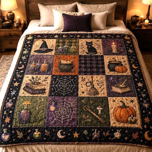 May include: A patchwork quilt featuring a grid of squares with illustrations of a witch hat, potion bottles, a black cat, a lit candle, a cauldron, a pumpkin, stacked books, spiderwebs, a broom, and a wand, all bordered by stars and moons.